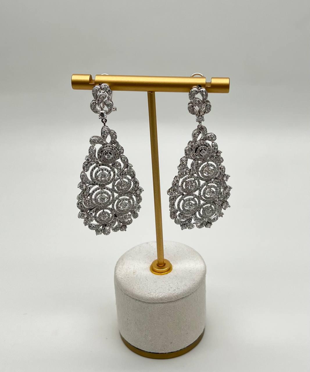 Brilliant White Diamonds Pave Filigree Statement Drop 18K White Gold Earrings