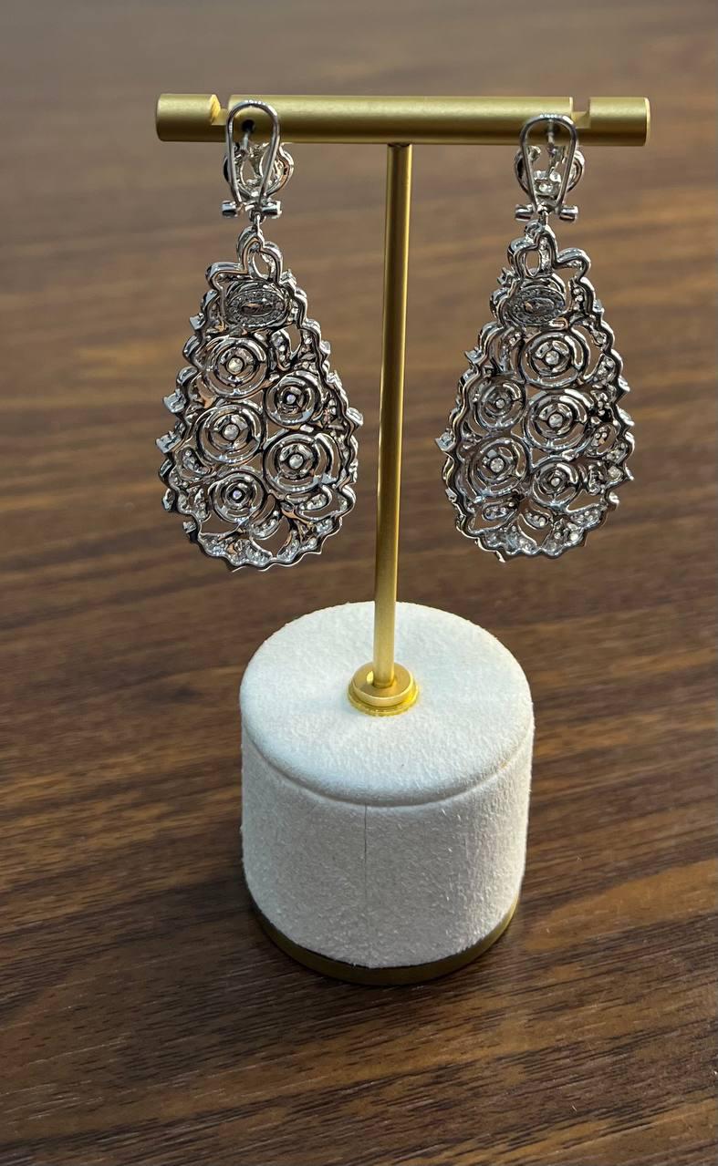 Brilliant White Diamonds Pave Filigree Statement Drop 18K White Gold Earrings