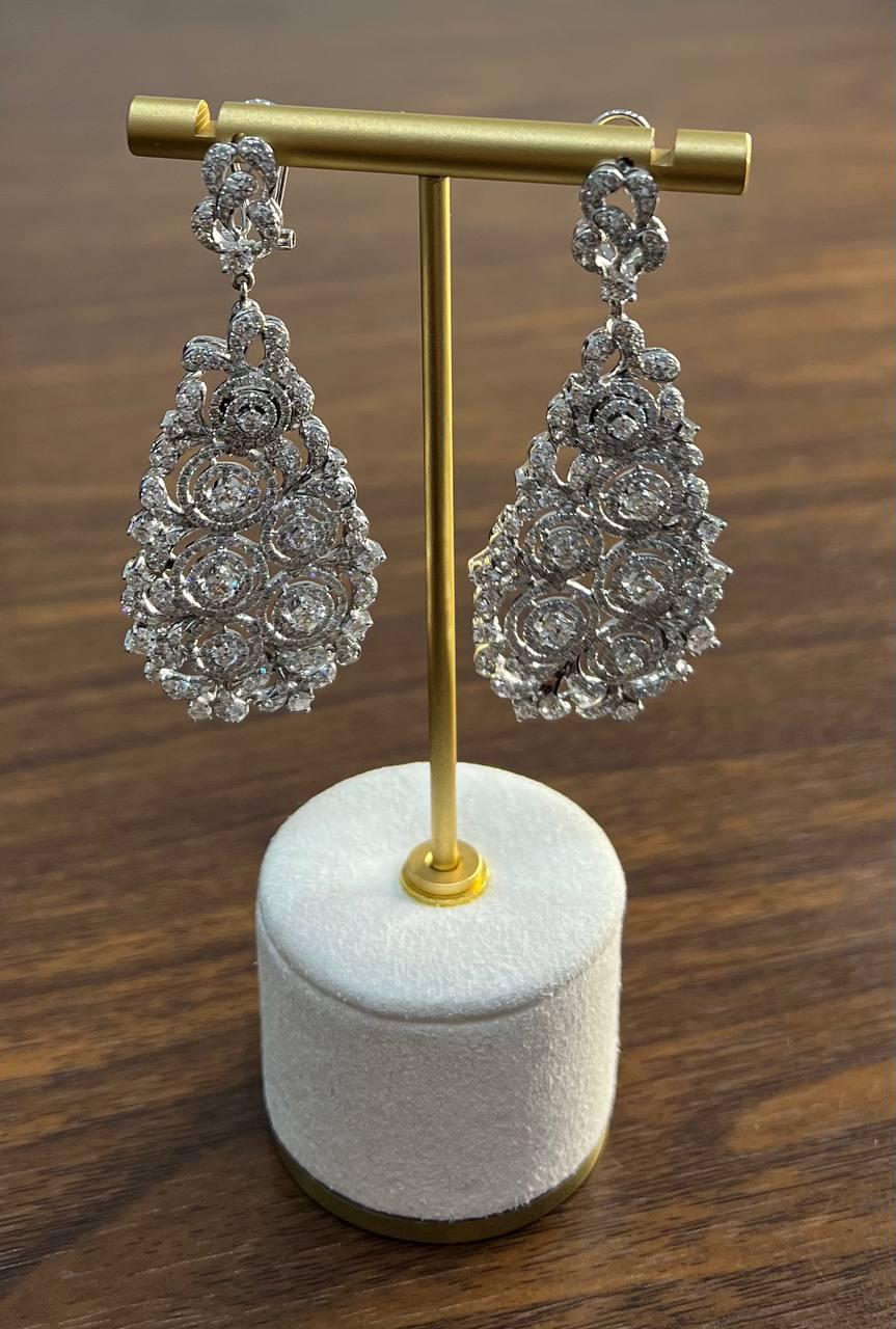 Brilliant White Diamonds Pave Filigree Statement Drop 18K White Gold Earrings