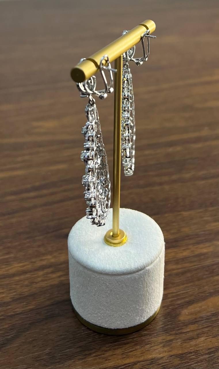 Brilliant White Diamonds Pave Filigree Statement Drop 18K White Gold Earrings