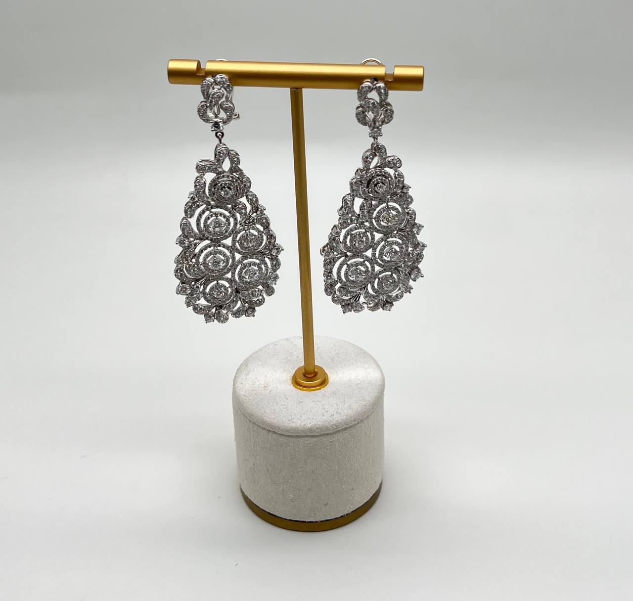 Brilliant White Diamonds Pave Filigree Statement Drop 18K White Gold Earrings