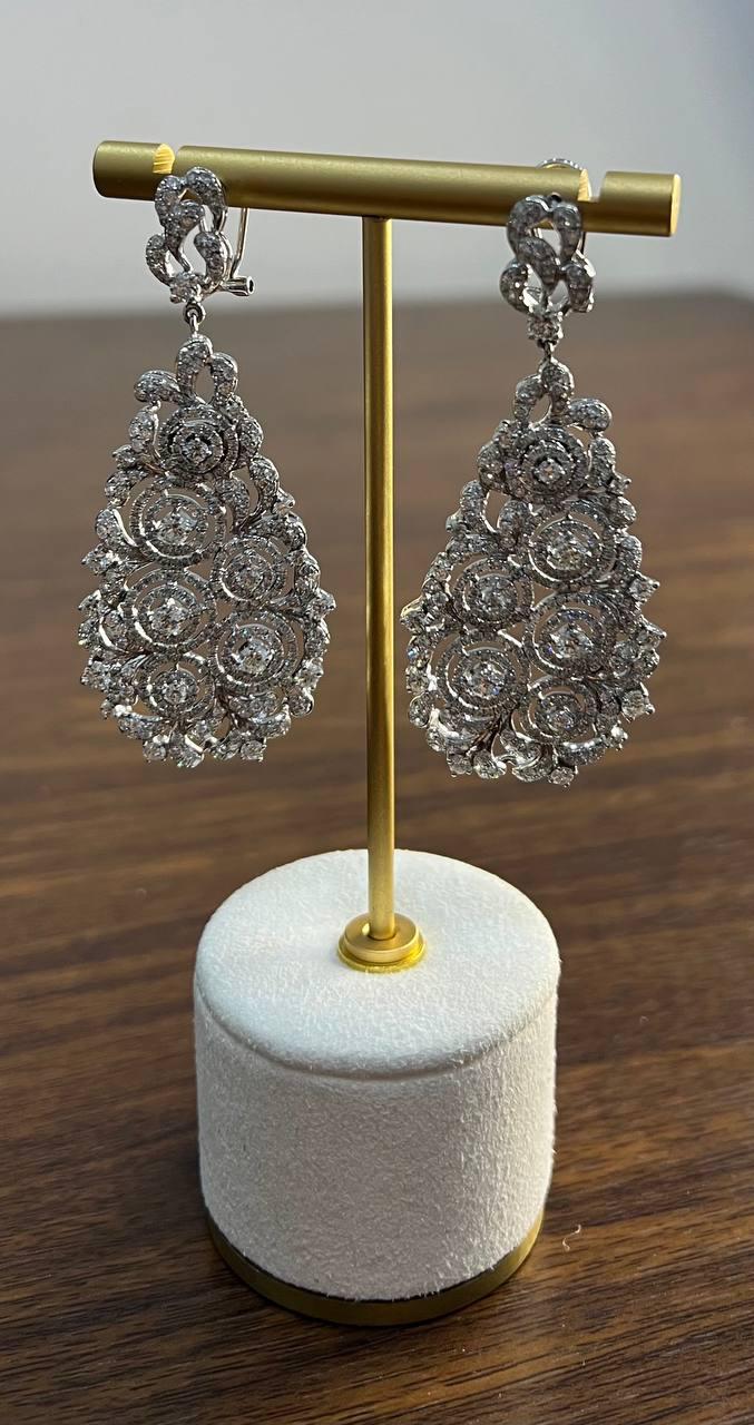 Brilliant White Diamonds Pave Filigree Statement Drop 18K White Gold Earrings