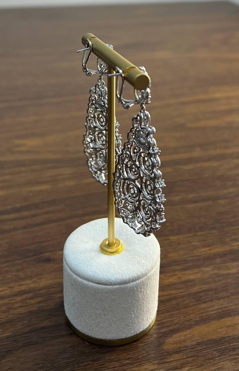 Brilliant White Diamonds Pave Filigree Statement Drop 18K White Gold Earrings