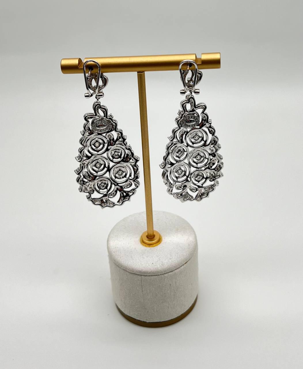 Brilliant White Diamonds Pave Filigree Statement Drop 18K White Gold Earrings