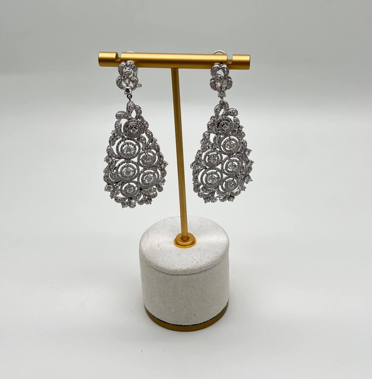 Brilliant White Diamonds Pave Filigree Statement Drop 18K White Gold Earrings