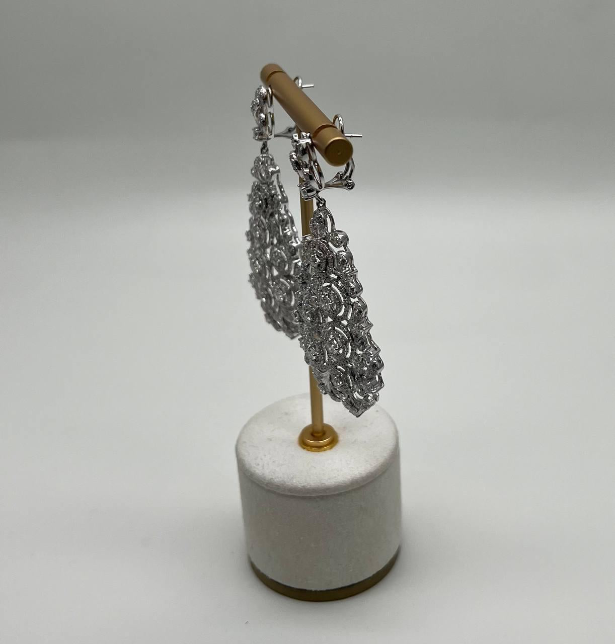 Brilliant White Diamonds Pave Filigree Statement Drop 18K White Gold Earrings