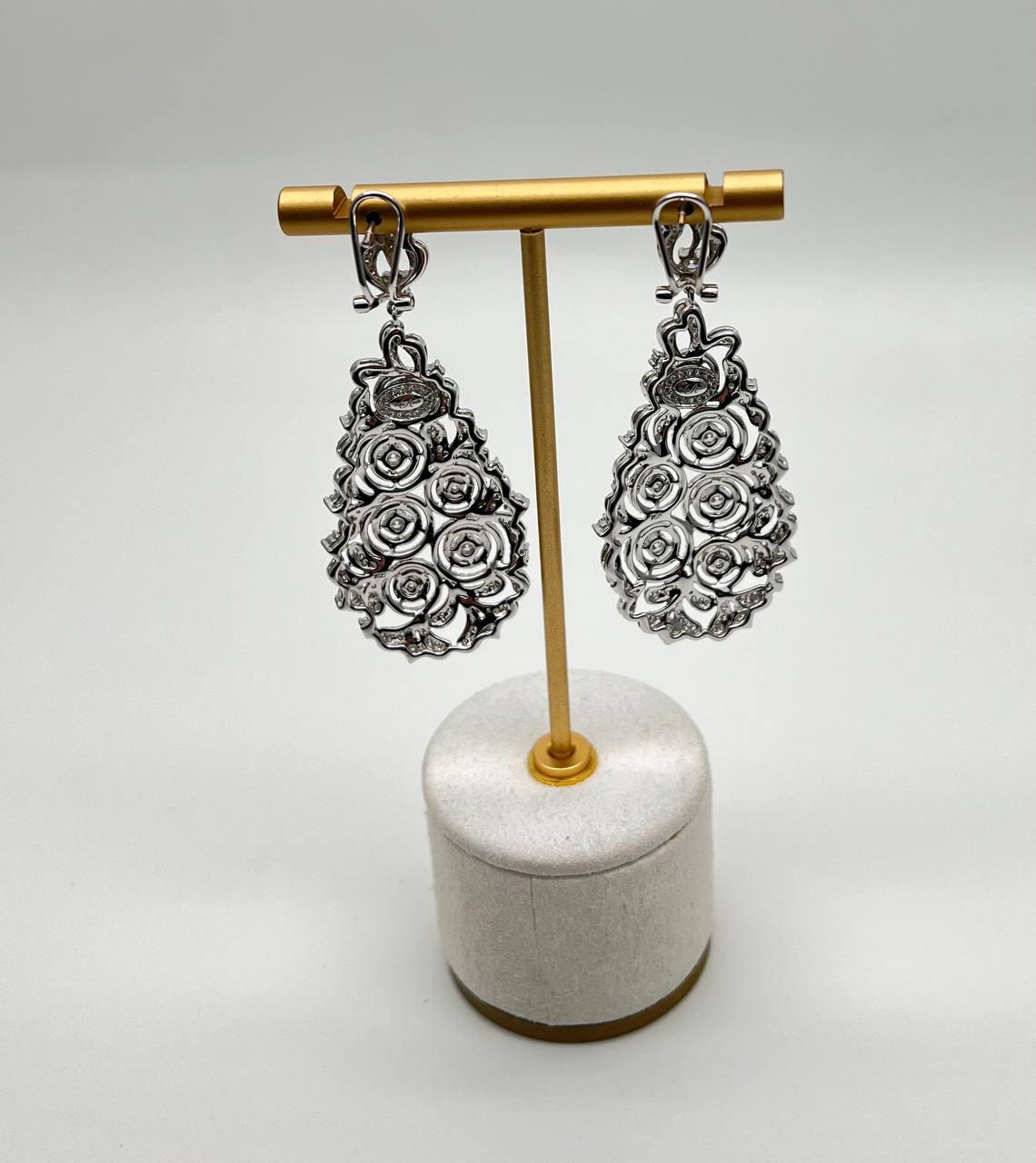 Brilliant White Diamonds Pave Filigree Statement Drop 18K White Gold Earrings