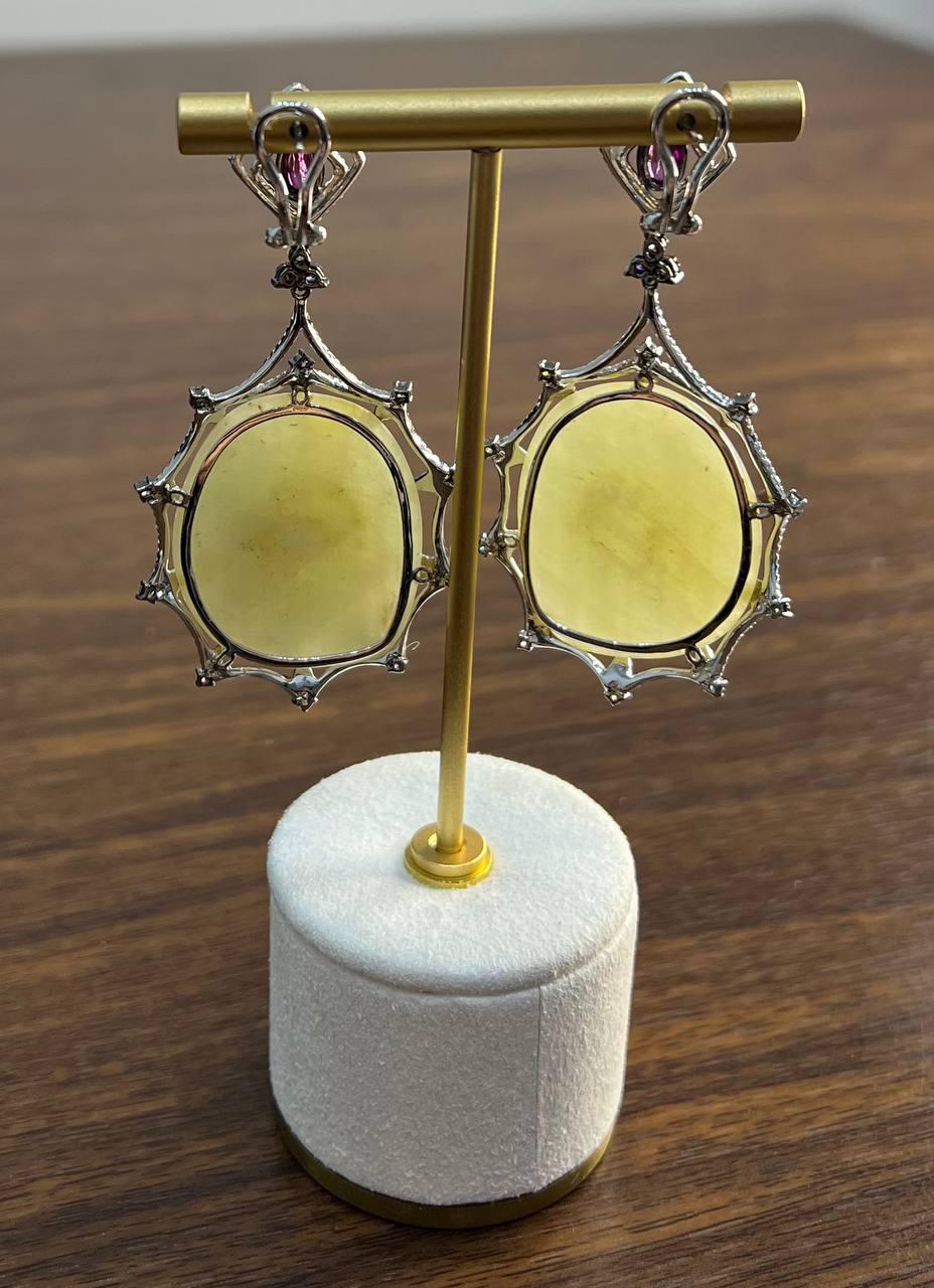 Light Yellow Sapphire Slice Rhodolite Garnet Diamond 14K White Gold Earrings