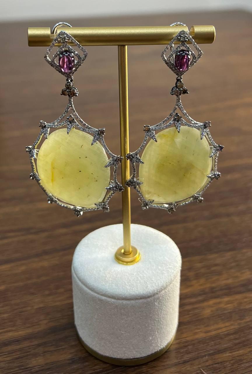 Light Yellow Sapphire Slice Rhodolite Garnet Diamond 14K White Gold Earrings