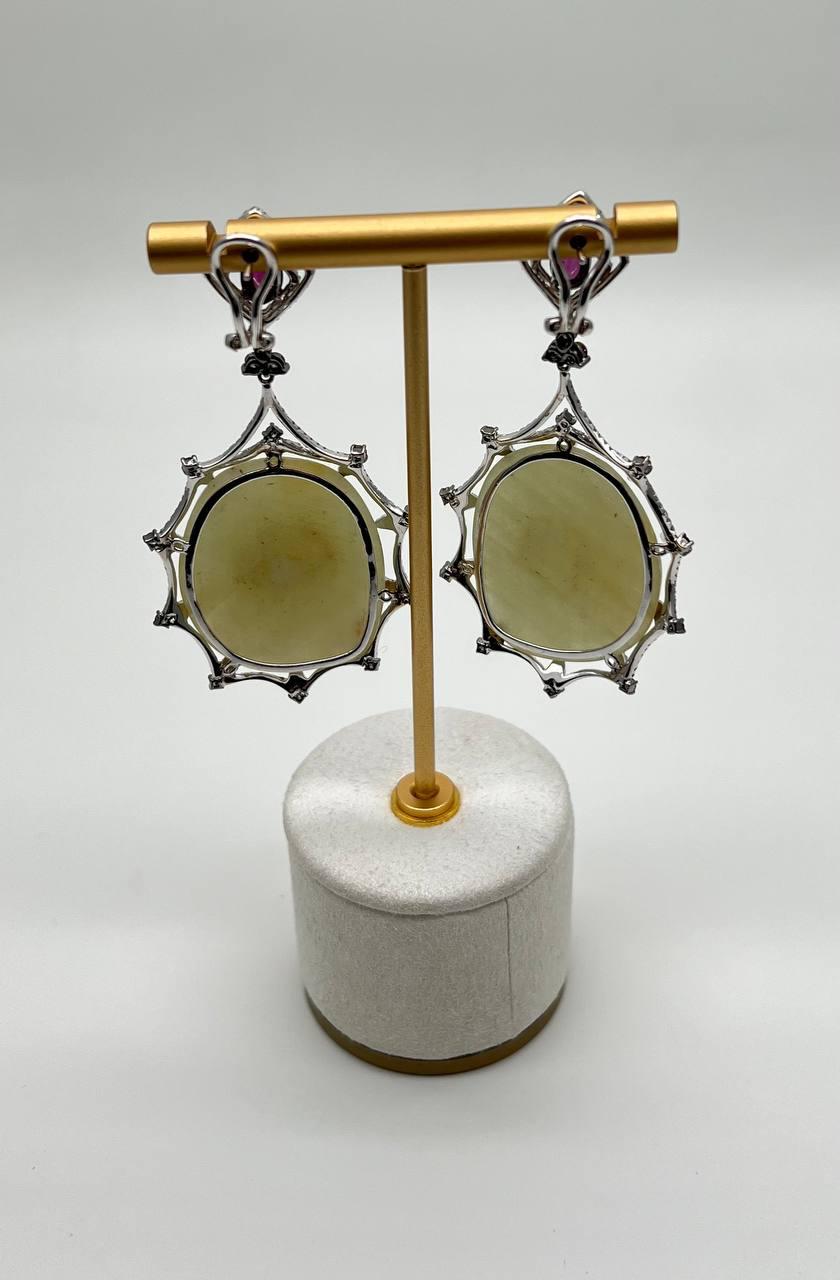 Light Yellow Sapphire Slice Rhodolite Garnet Diamond 14K White Gold Earrings