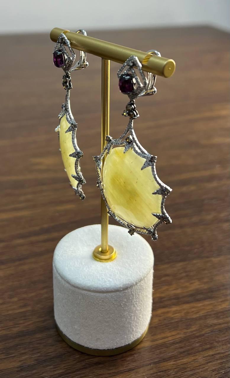 Light Yellow Sapphire Slice Rhodolite Garnet Diamond 14K White Gold Earrings