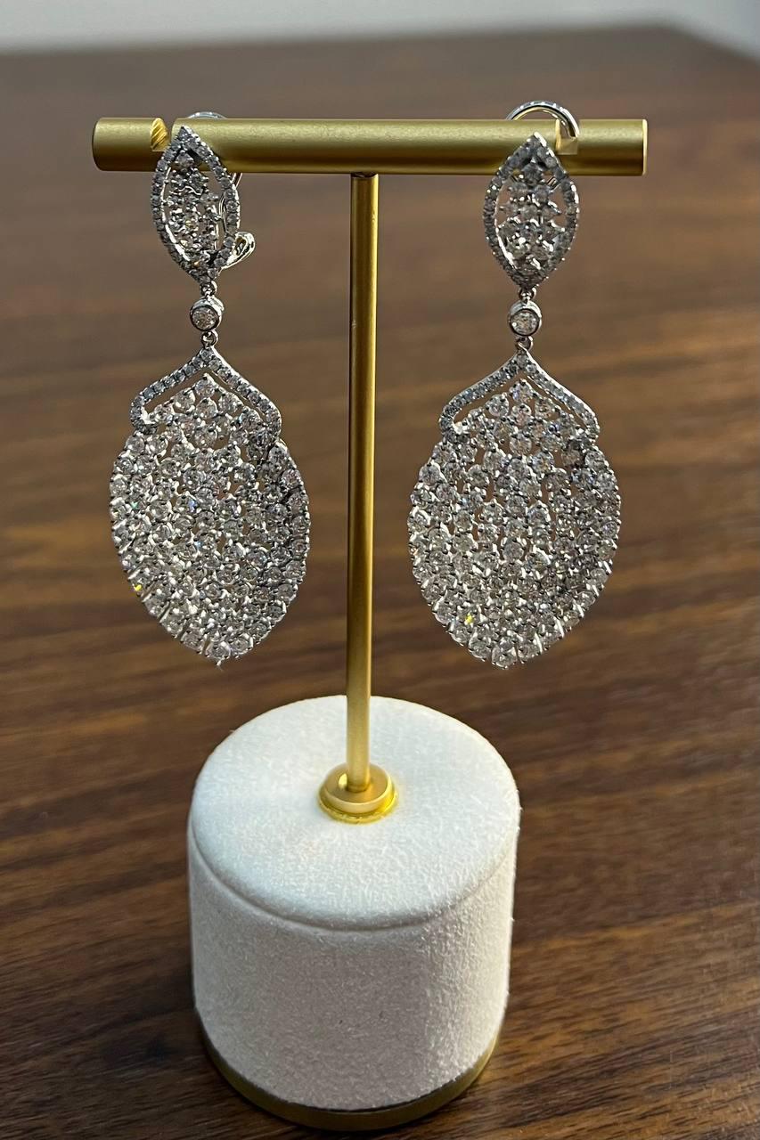 White Brilliant Cut Pave Diamond 18K White Gold Statement Drop Unique Earrings