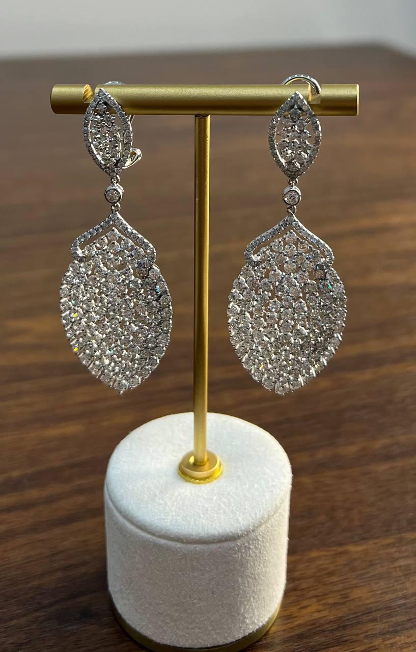 White Brilliant Cut Pave Diamond 18K White Gold Statement Drop Unique Earrings