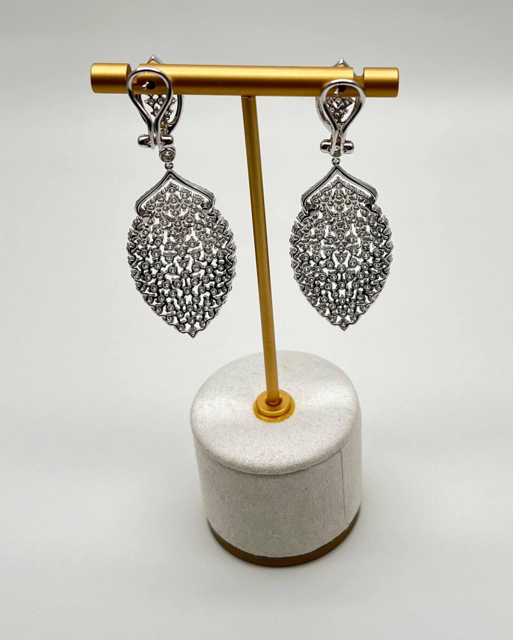 White Brilliant Cut Pave Diamond 18K White Gold Statement Drop Unique Earrings