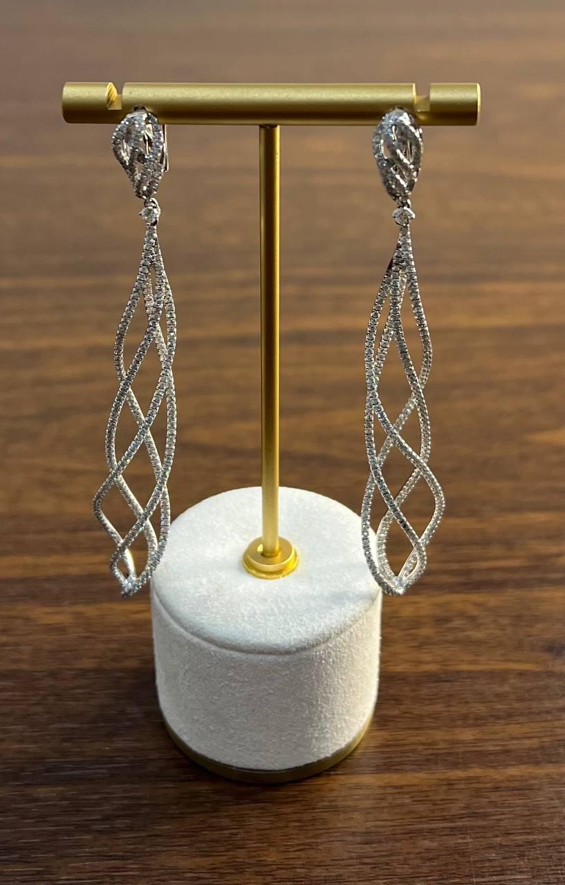 Spiral Wave Intertwining Lines White Diamond 18K White Gold Statement Earrings