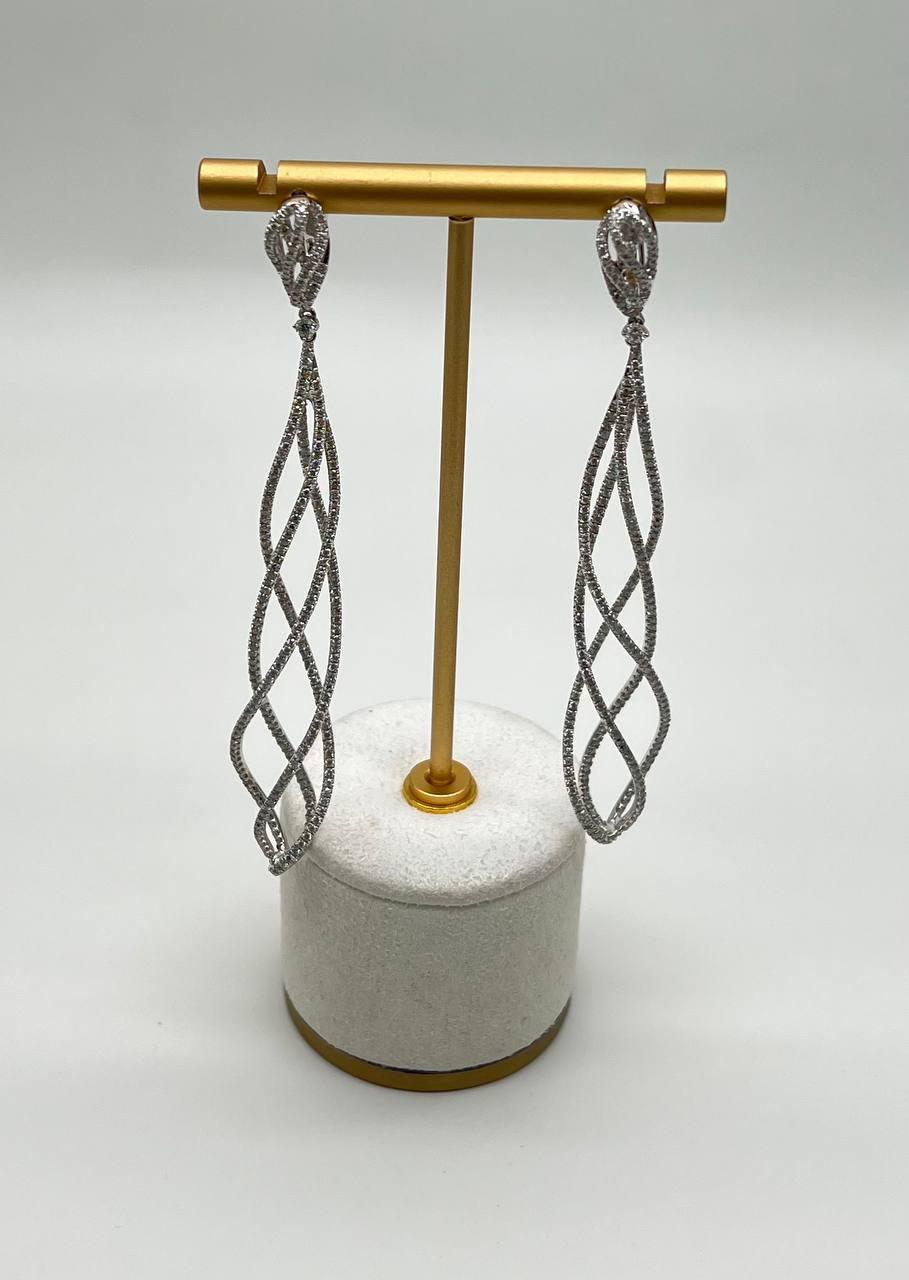 Spiral Wave Intertwining Lines White Diamond 18K White Gold Statement Earrings