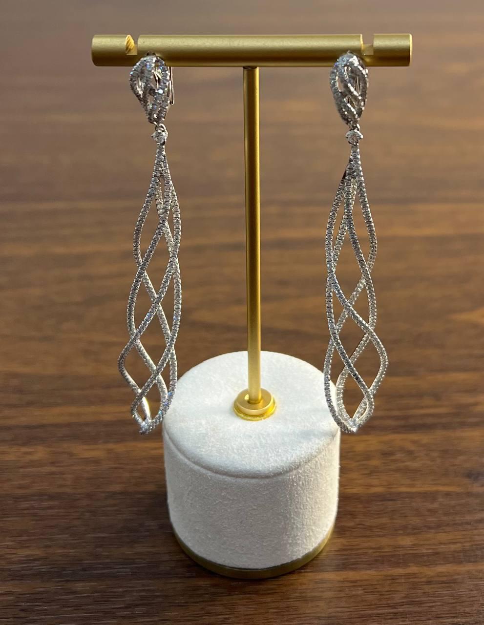 Spiral Wave Intertwining Lines White Diamond 18K White Gold Statement Earrings