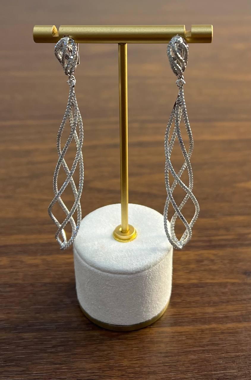 Spiral Wave Intertwining Lines White Diamond 18K White Gold Statement Earrings