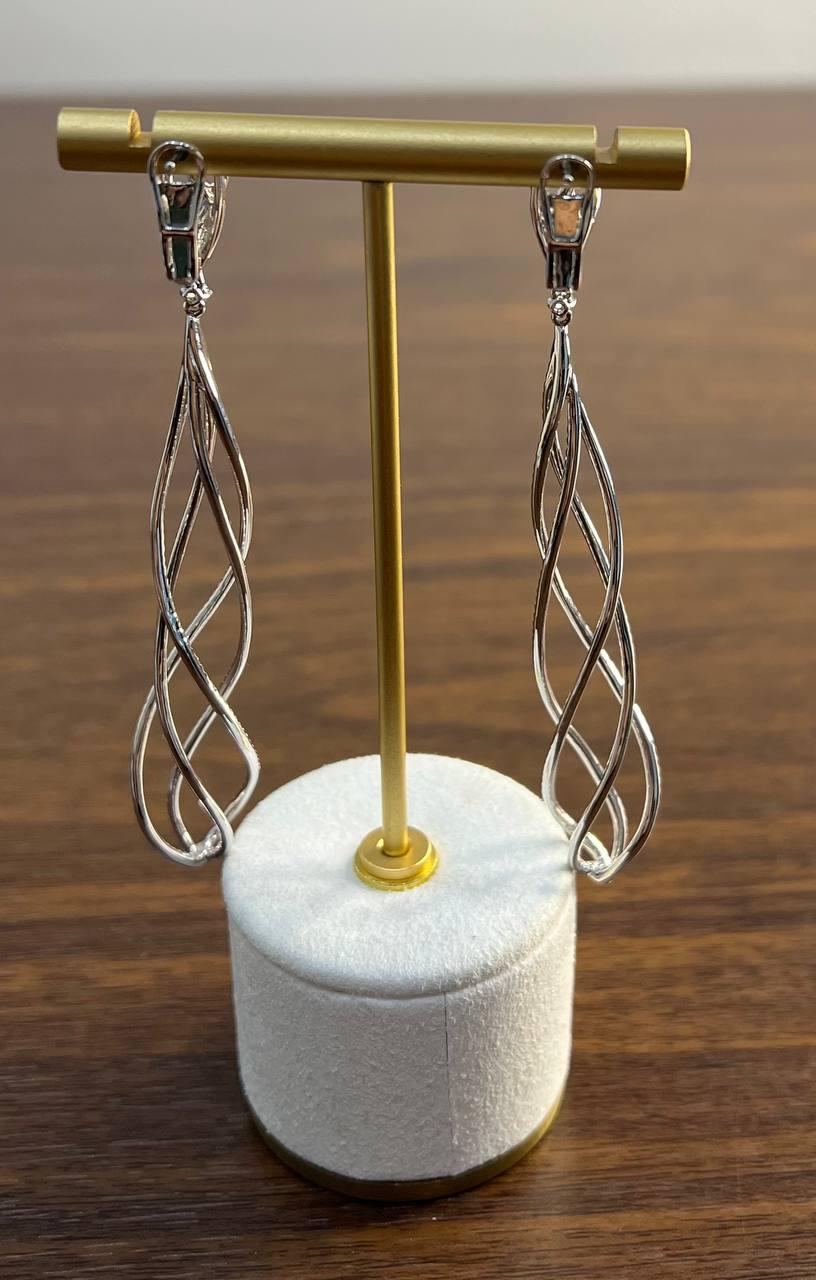 Spiral Wave Intertwining Lines White Diamond 18K White Gold Statement Earrings