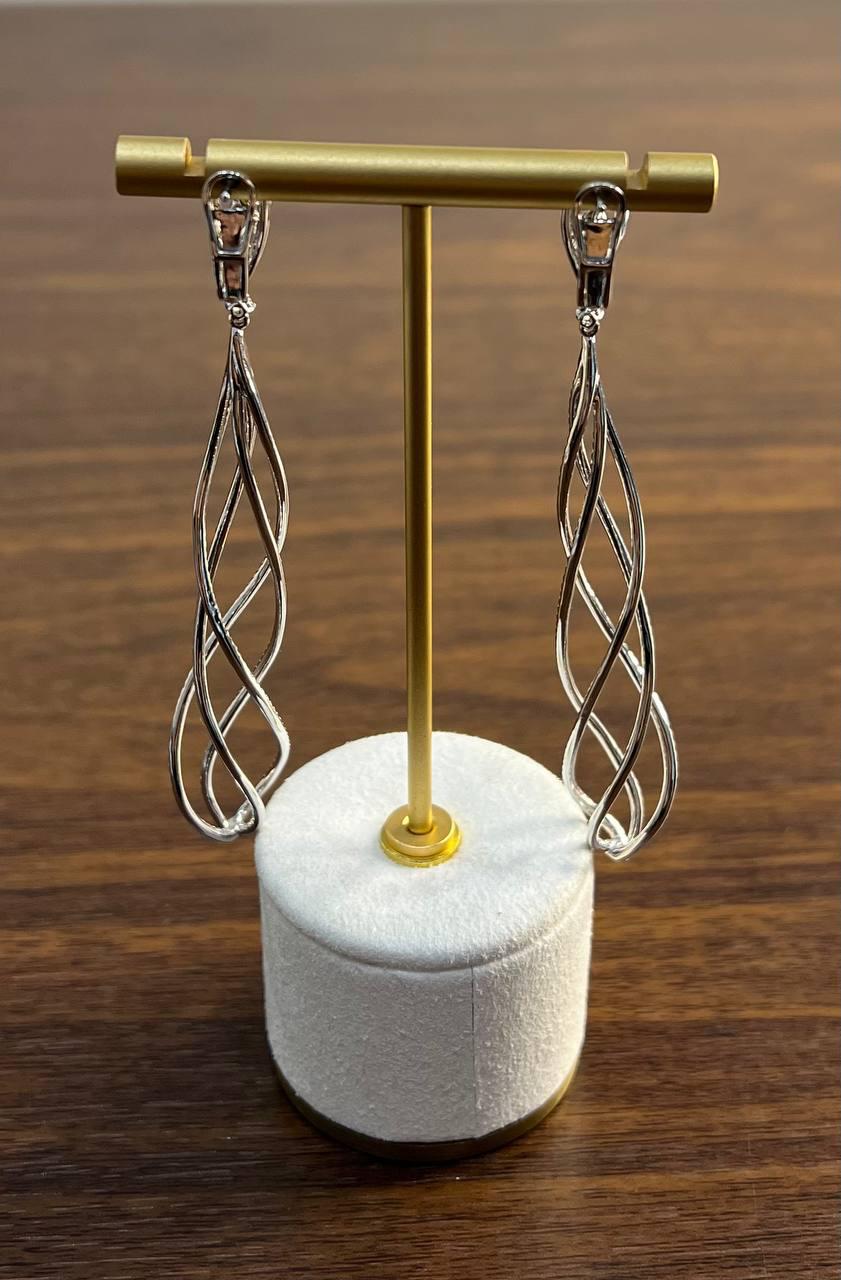 Spiral Wave Intertwining Lines White Diamond 18K White Gold Statement Earrings