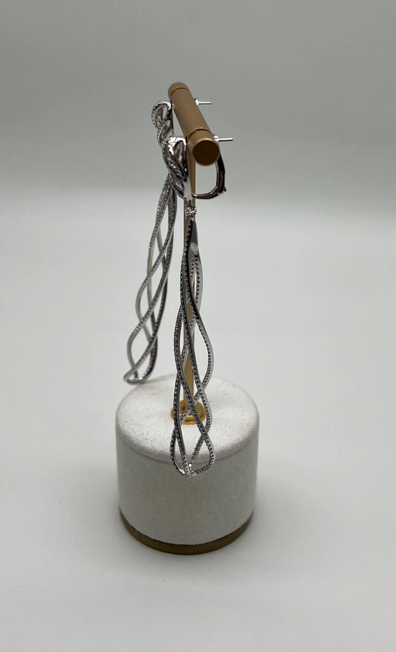 Spiral Wave Intertwining Lines White Diamond 18K White Gold Statement Earrings