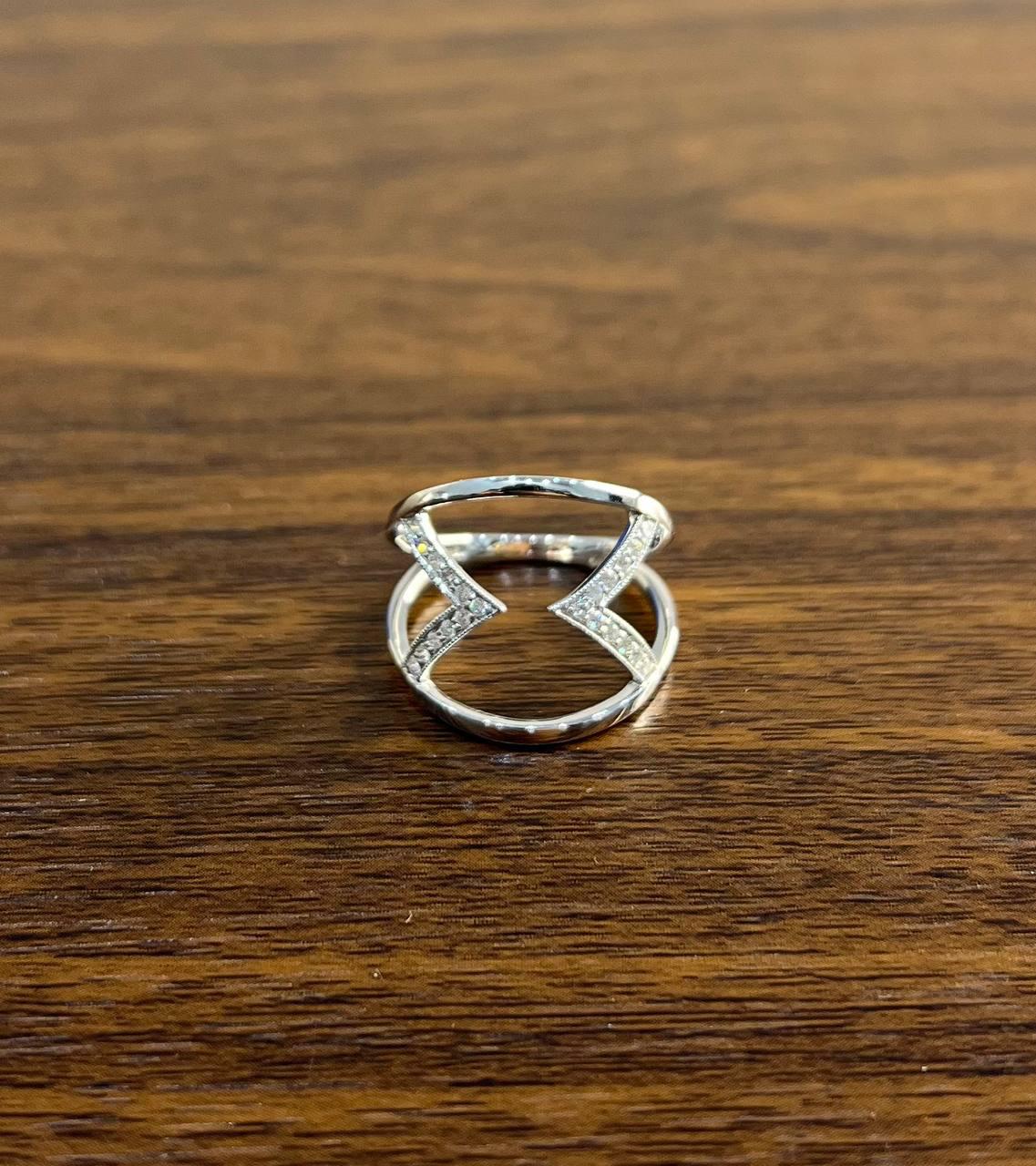 Geometric V Shape Open Brilliant Cut White Diamond 18 Karat White Gold Ring