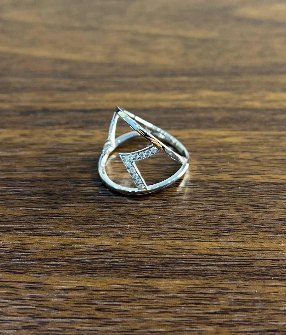 Geometric V Shape Open Brilliant Cut White Diamond 18 Karat White Gold Ring