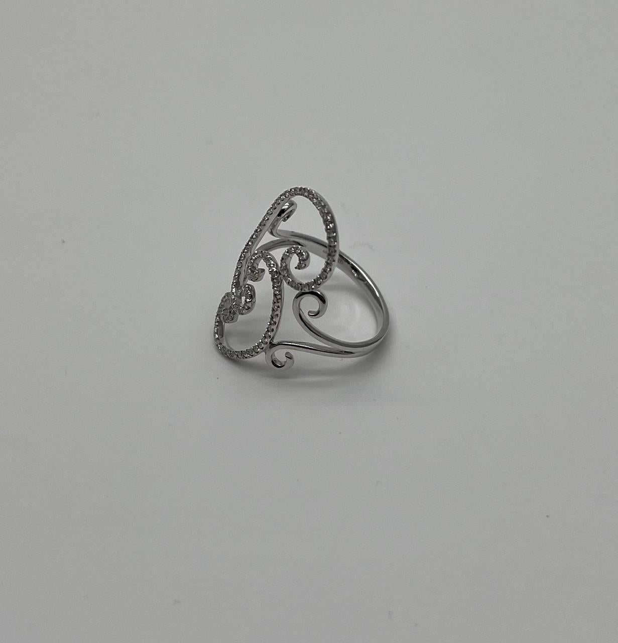 White Brilliant Cut Diamond Wave Spiral Swirl 14K White Gold Statement Ring