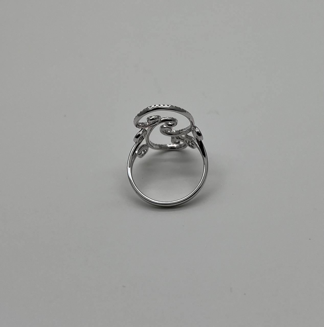 White Brilliant Cut Diamond Wave Spiral Swirl 14K White Gold Statement Ring