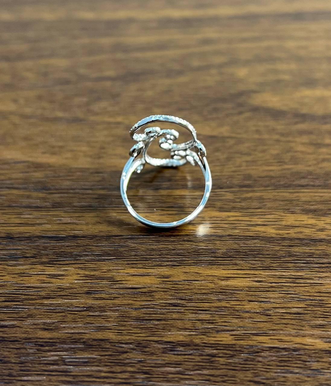 White Brilliant Cut Diamond Wave Spiral Swirl 14K White Gold Statement Ring