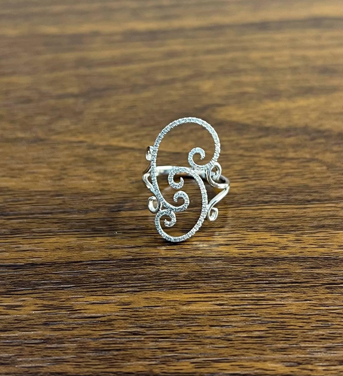 White Brilliant Cut Diamond Wave Spiral Swirl 14K White Gold Statement Ring