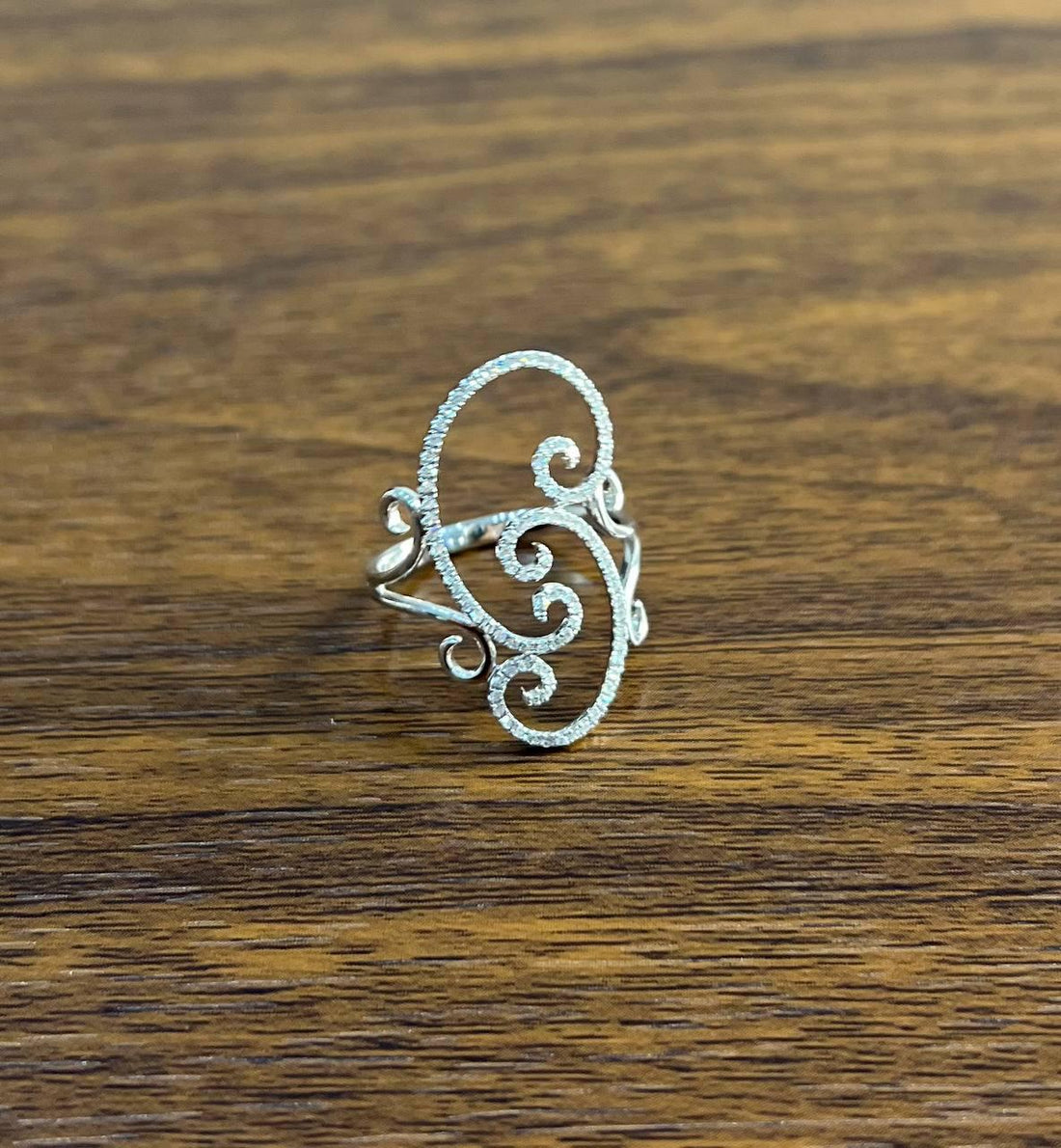 White Brilliant Cut Diamond Wave Spiral Swirl 14K White Gold Statement Ring