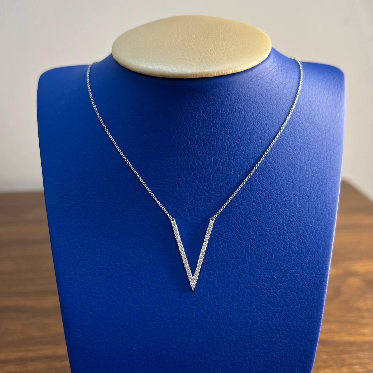 V Shaped Letter Geometric Statement Diamond 14K White Gold Pendant Necklace