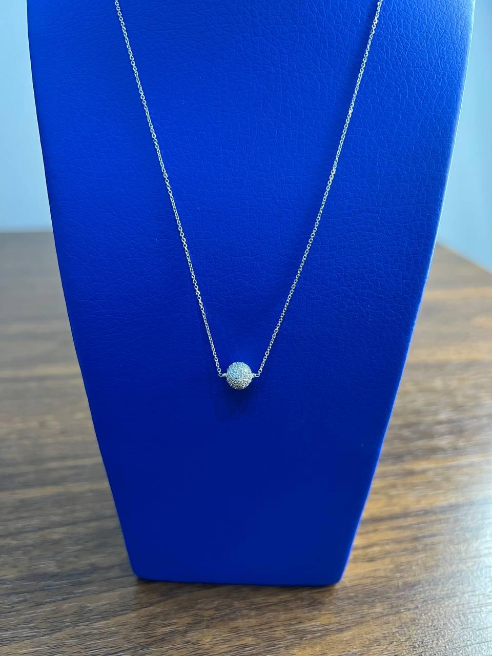 White Brilliant Diamond Pave Round Sphere 14K White Gold Pendant Necklace