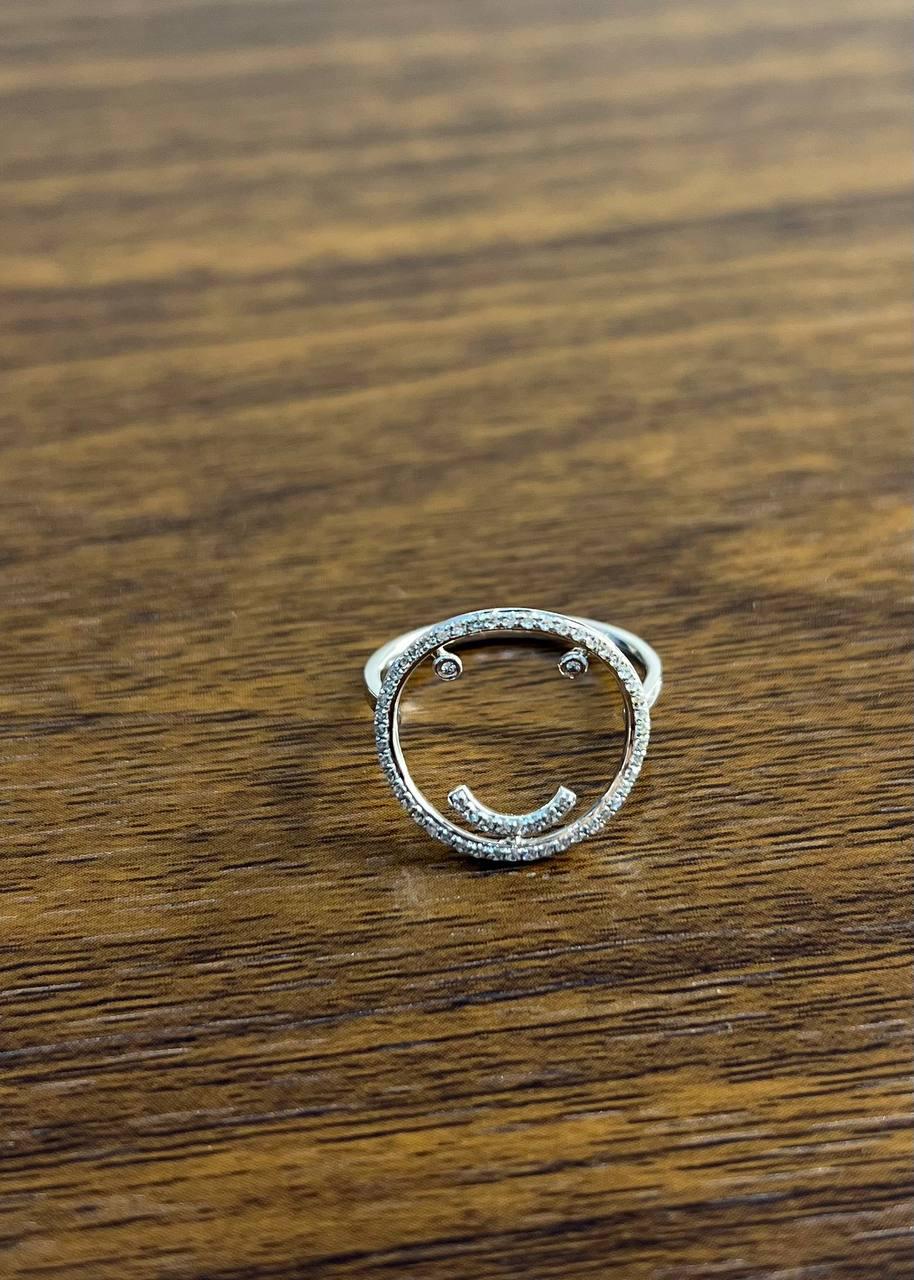 Smile Smiley Face Emoji White Diamond Halo 14K White Gold Statement Fun Ring