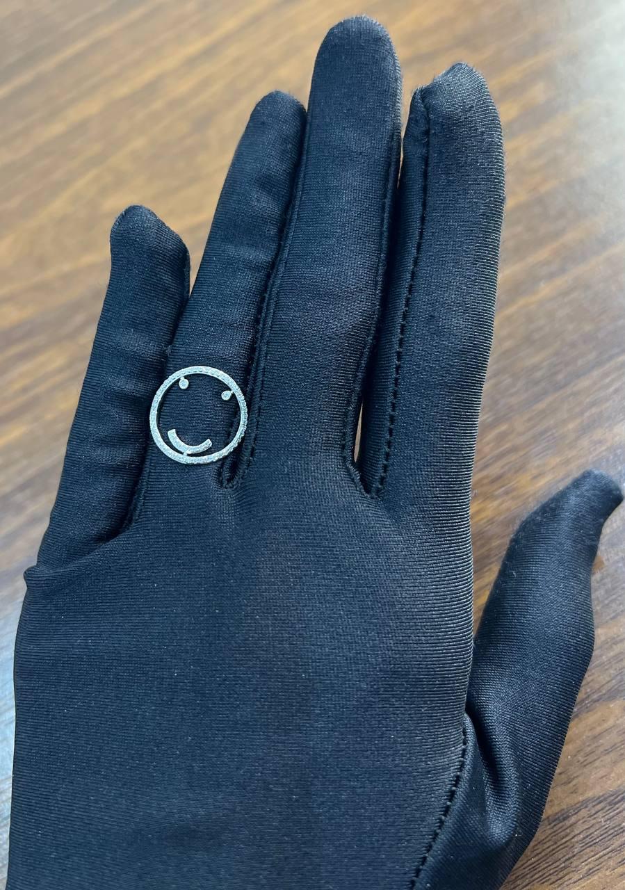 Smile Smiley Face Emoji White Diamond Halo 14K White Gold Statement Fun Ring