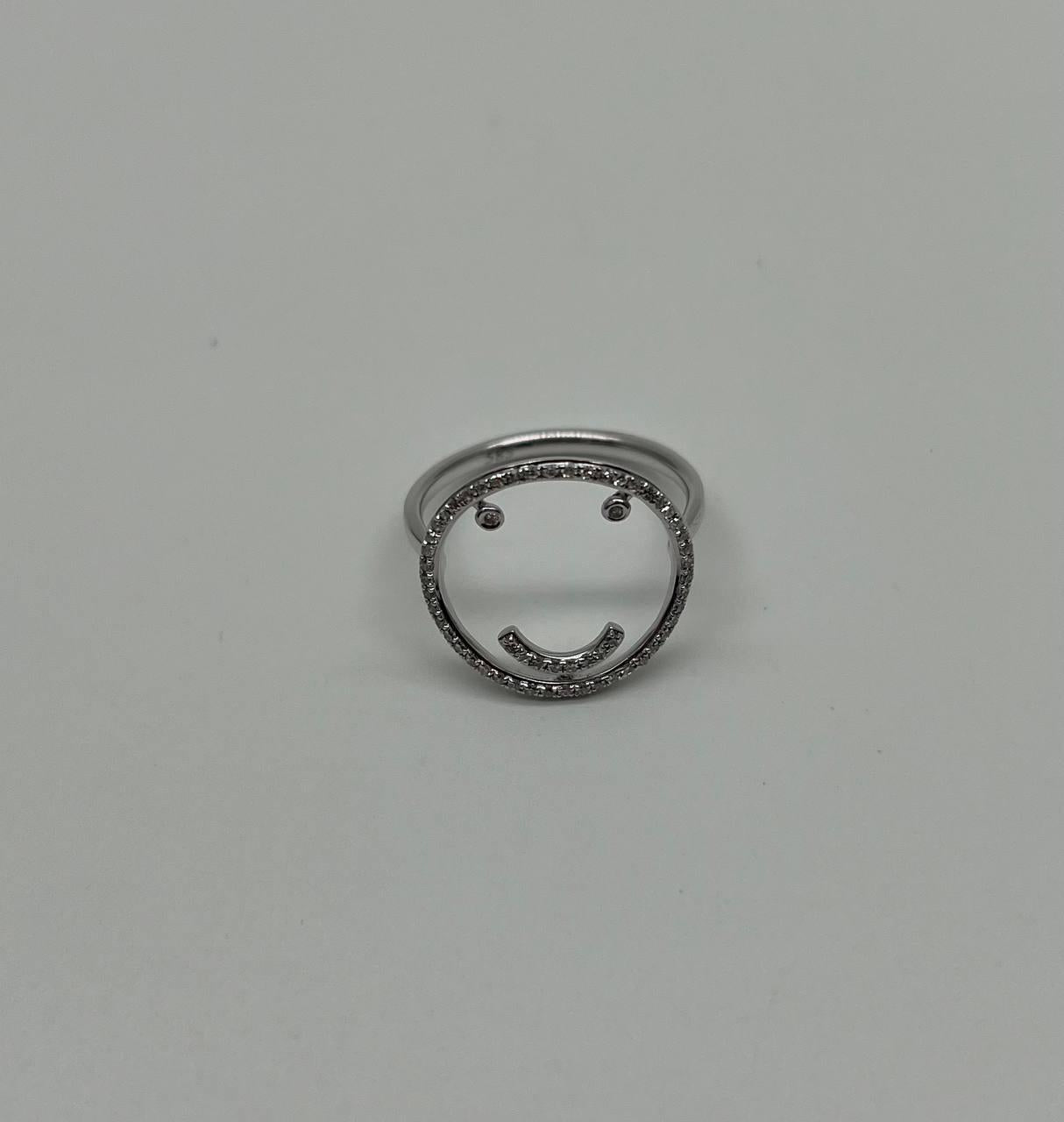 Smile Smiley Face Emoji White Diamond Halo 14K White Gold Statement Fun Ring