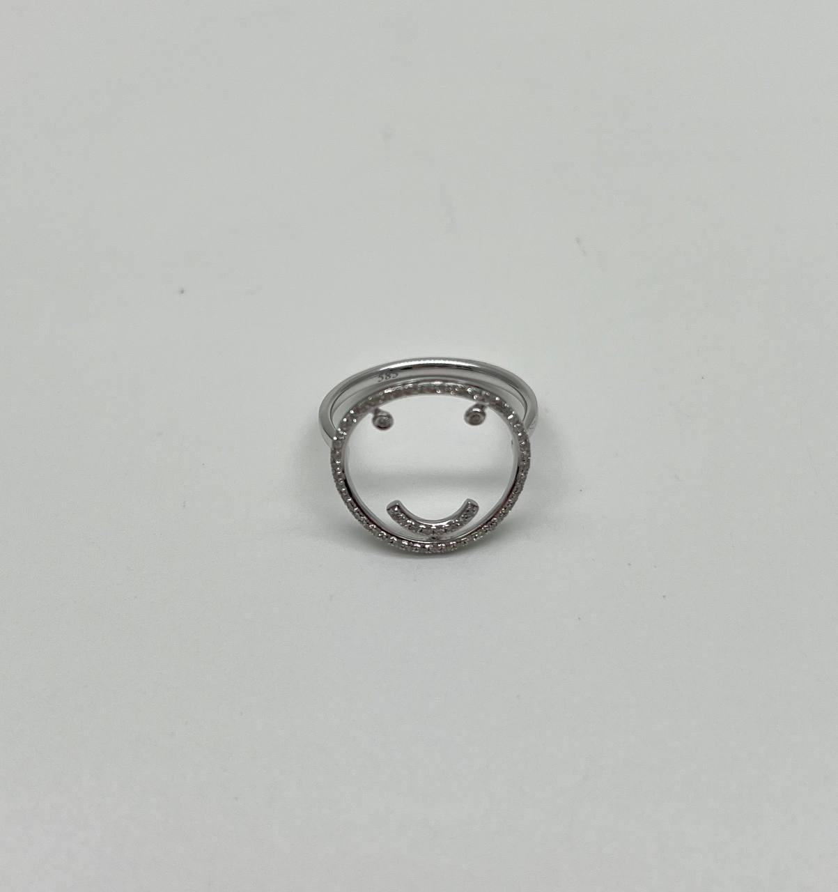 Smile Smiley Face Emoji White Diamond Halo 14K White Gold Statement Fun Ring