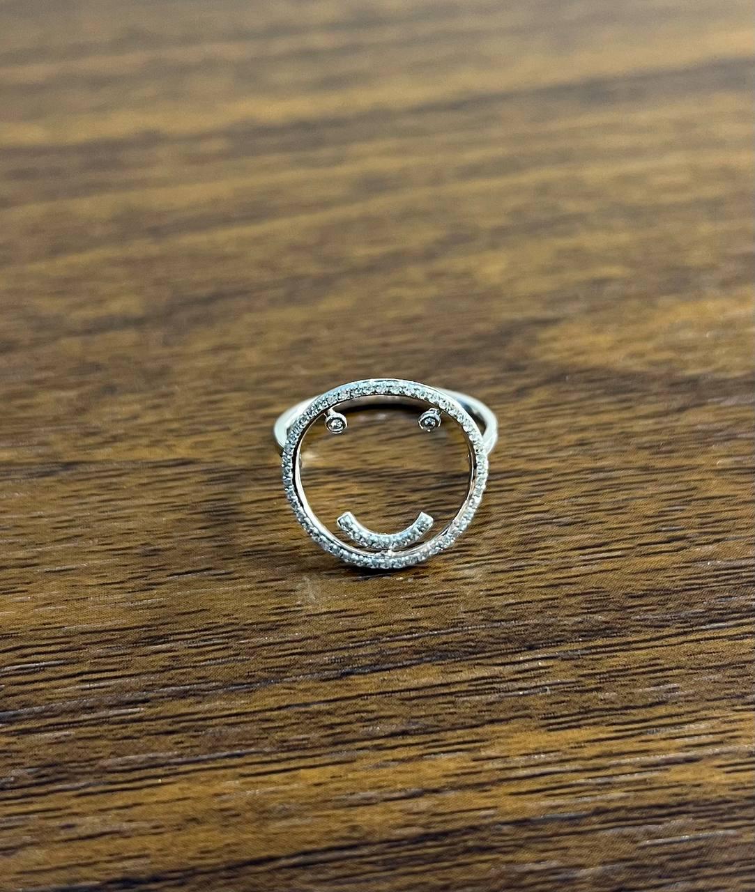 Smile Smiley Face Emoji White Diamond Halo 14K White Gold Statement Fun Ring