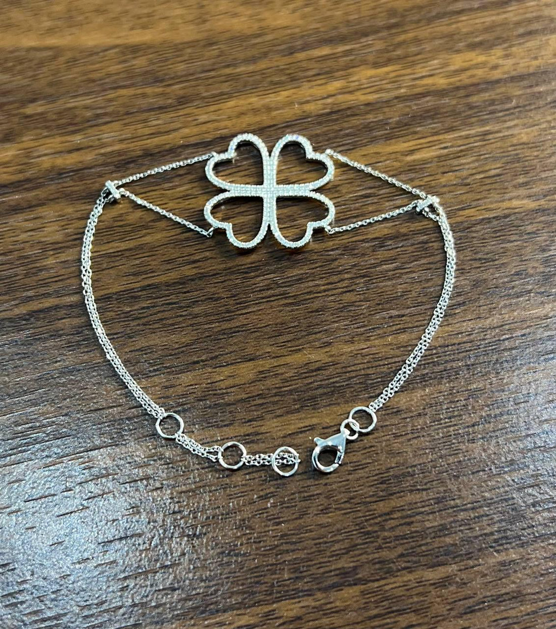 Four Leaf Clover Heart Shape White Diamond Pave 14K White Gold Chain Bracelet