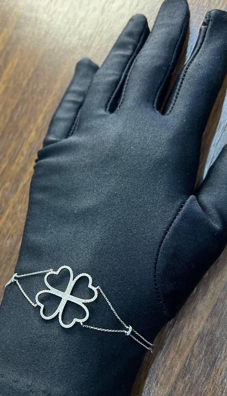 Four Leaf Clover Heart Shape White Diamond Pave 14K White Gold Chain Bracelet