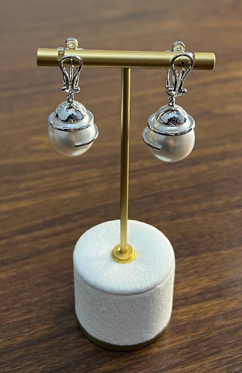 White South Sea Pearl Diamond Pave Drop 18 Karat White Gold Statement Earrings