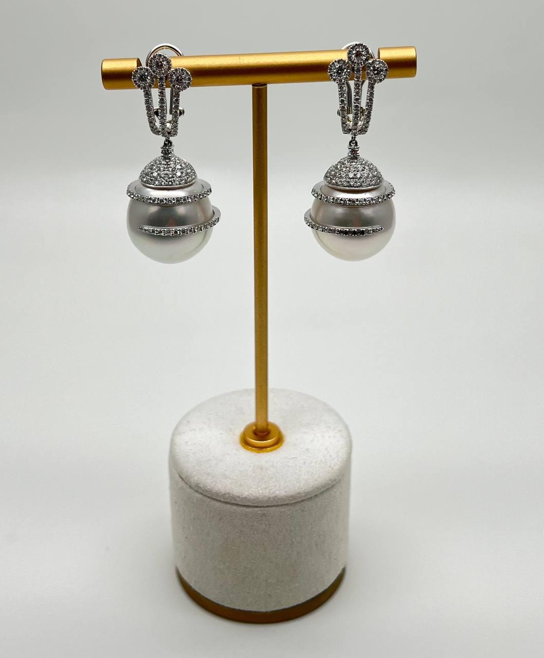 White South Sea Pearl Diamond Pave Drop 18 Karat White Gold Statement Earrings