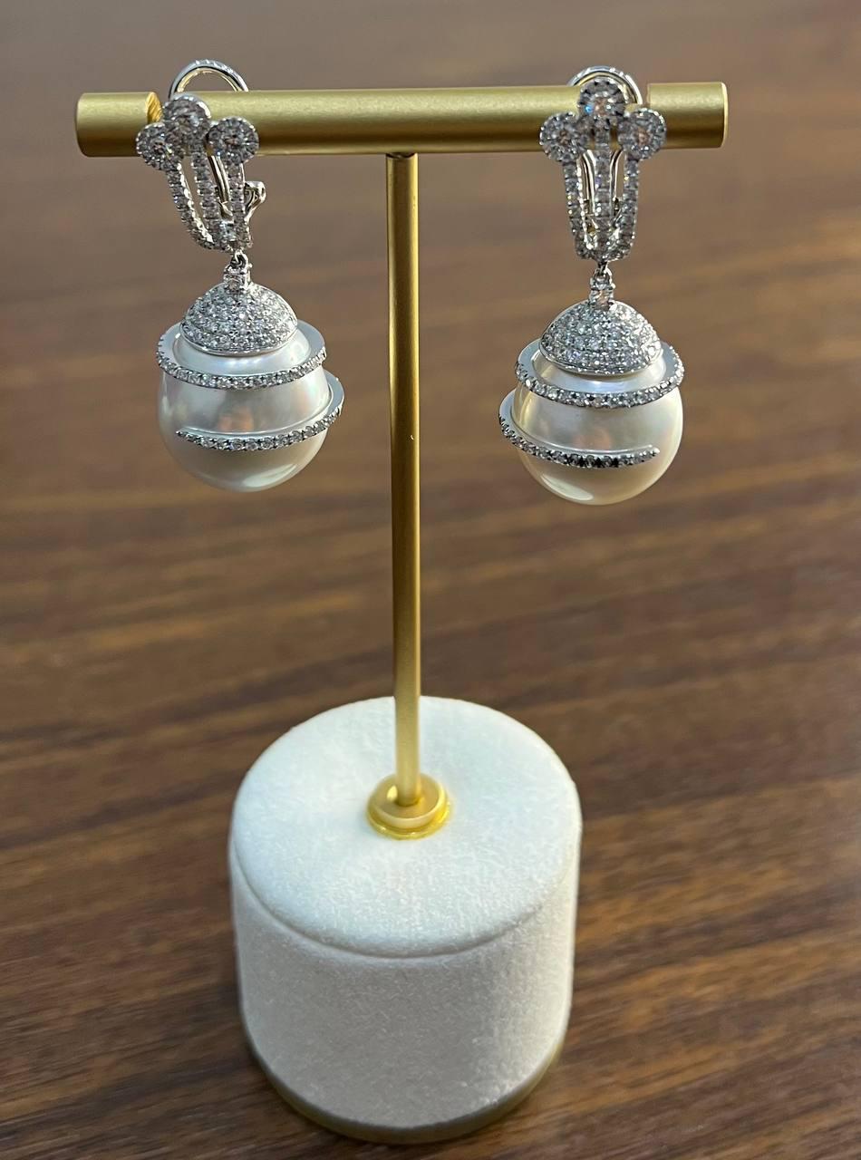 White South Sea Pearl Diamond Pave Drop 18 Karat White Gold Statement Earrings