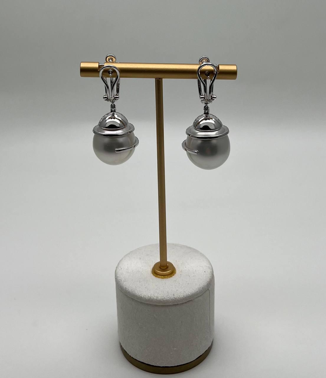 White South Sea Pearl Diamond Pave Drop 18 Karat White Gold Statement Earrings