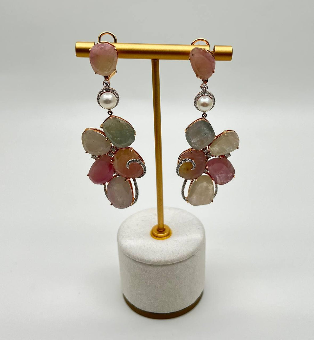 Fancy Cut Colored Sapphires Slice Pearl Diamond 18K Rose Gold Statement Earrings