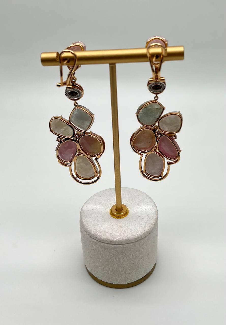 Fancy Cut Colored Sapphires Slice Pearl Diamond 18K Rose Gold Statement Earrings