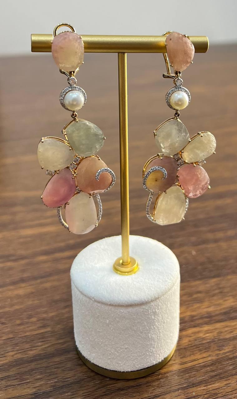 Fancy Cut Colored Sapphires Slice Pearl Diamond 18K Rose Gold Statement Earrings
