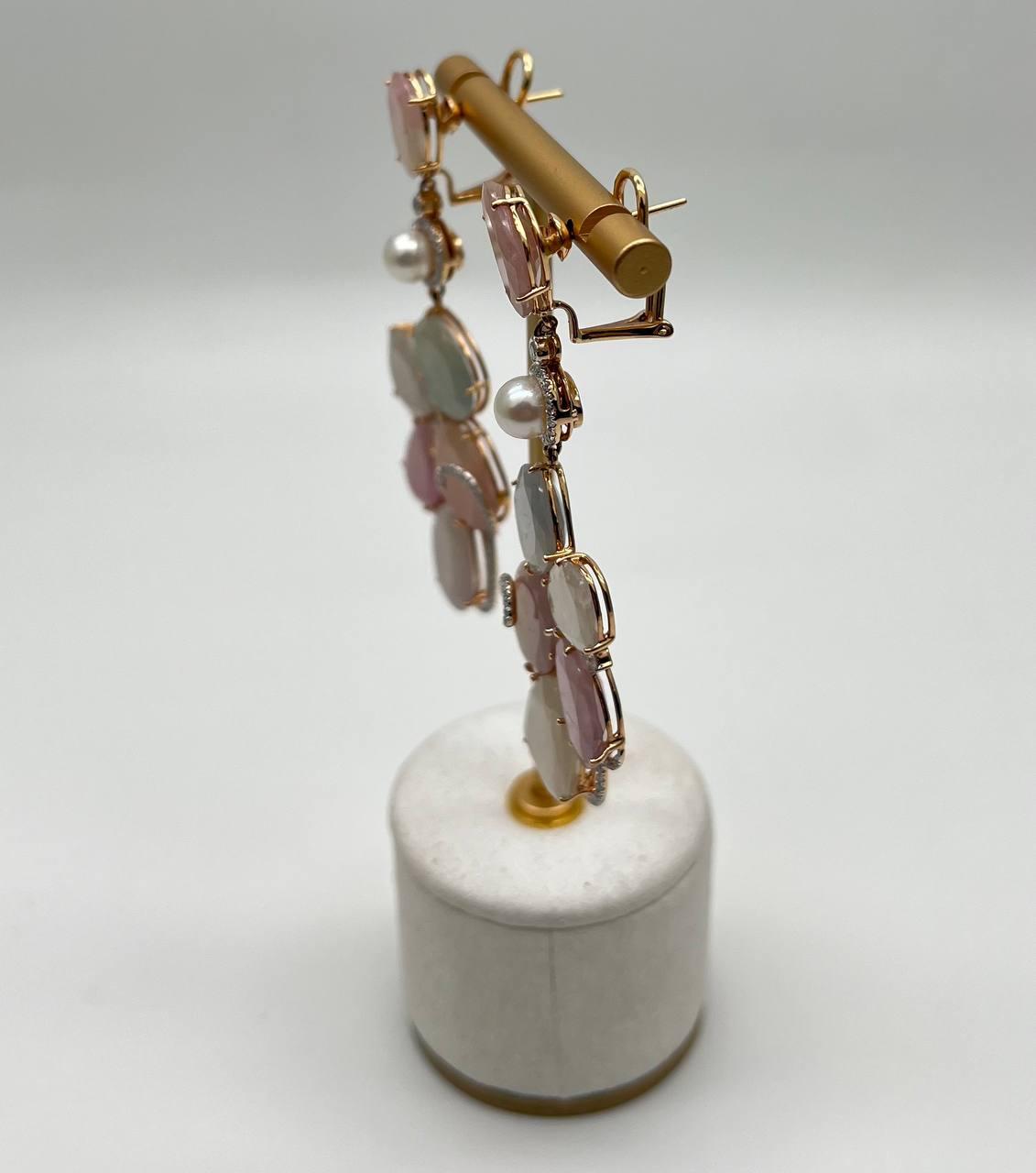Fancy Cut Colored Sapphires Slice Pearl Diamond 18K Rose Gold Statement Earrings