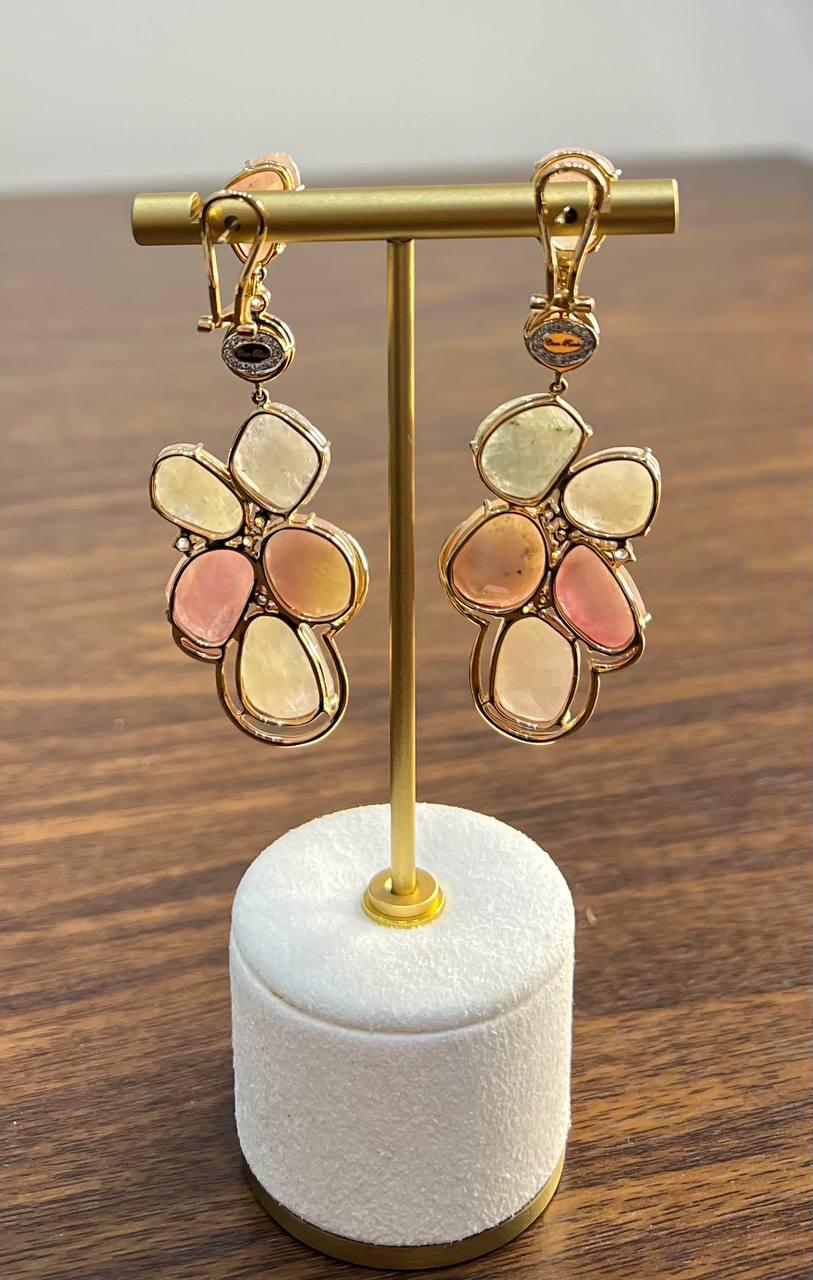Fancy Cut Colored Sapphires Slice Pearl Diamond 18K Rose Gold Statement Earrings